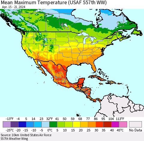North America Mean Maximum Temperature (USAF 557th WW) Thematic Map For 4/15/2024 - 4/21/2024