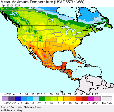 North America Mean Maximum Temperature (USAF 557th WW) Thematic Map For 4/22/2024 - 4/28/2024