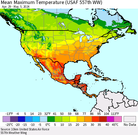 North America Mean Maximum Temperature (USAF 557th WW) Thematic Map For 4/29/2024 - 5/5/2024