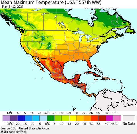 North America Mean Maximum Temperature (USAF 557th WW) Thematic Map For 5/6/2024 - 5/12/2024