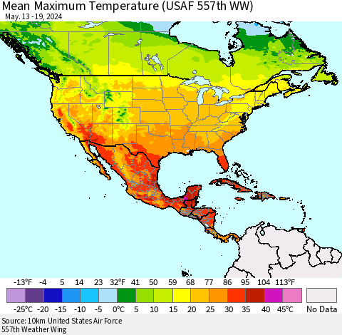 North America Mean Maximum Temperature (USAF 557th WW) Thematic Map For 5/13/2024 - 5/19/2024