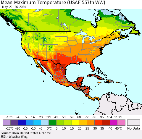 North America Mean Maximum Temperature (USAF 557th WW) Thematic Map For 5/20/2024 - 5/26/2024