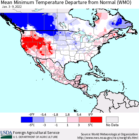 North America Mean Minimum Temperature Departure from Normal (WMO) Thematic Map For 1/3/2022 - 1/9/2022