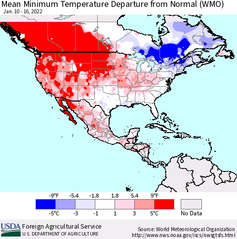 North America Mean Minimum Temperature Departure from Normal (WMO) Thematic Map For 1/10/2022 - 1/16/2022