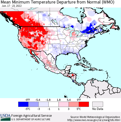 North America Mean Minimum Temperature Departure from Normal (WMO) Thematic Map For 1/17/2022 - 1/23/2022