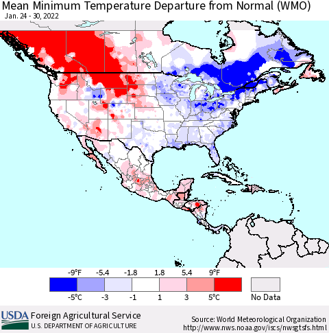 North America Mean Minimum Temperature Departure from Normal (WMO) Thematic Map For 1/24/2022 - 1/30/2022