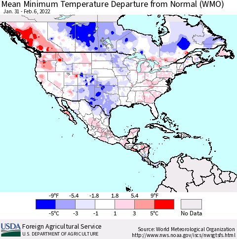 North America Mean Minimum Temperature Departure from Normal (WMO) Thematic Map For 1/31/2022 - 2/6/2022