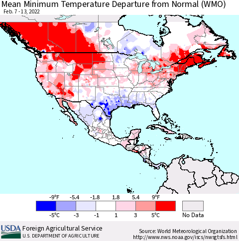 North America Mean Minimum Temperature Departure from Normal (WMO) Thematic Map For 2/7/2022 - 2/13/2022