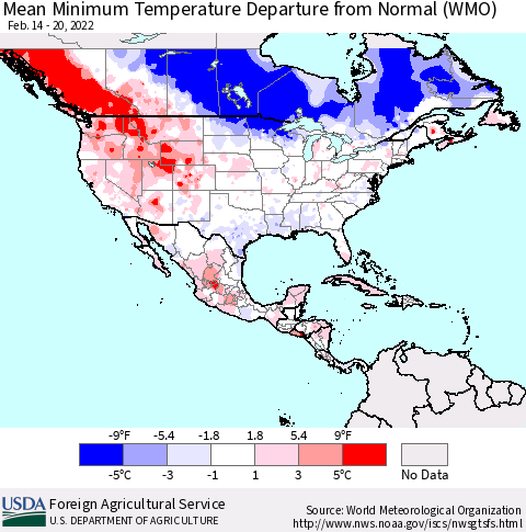 North America Mean Minimum Temperature Departure from Normal (WMO) Thematic Map For 2/14/2022 - 2/20/2022