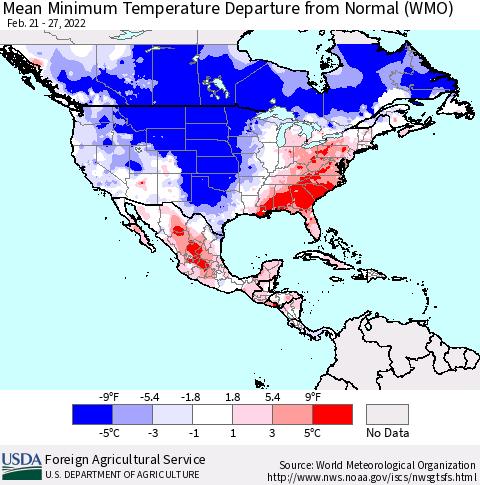 North America Mean Minimum Temperature Departure from Normal (WMO) Thematic Map For 2/21/2022 - 2/27/2022