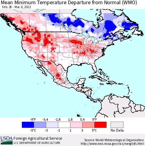 North America Mean Minimum Temperature Departure from Normal (WMO) Thematic Map For 2/28/2022 - 3/6/2022