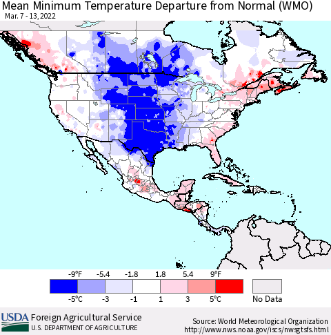 North America Mean Minimum Temperature Departure from Normal (WMO) Thematic Map For 3/7/2022 - 3/13/2022