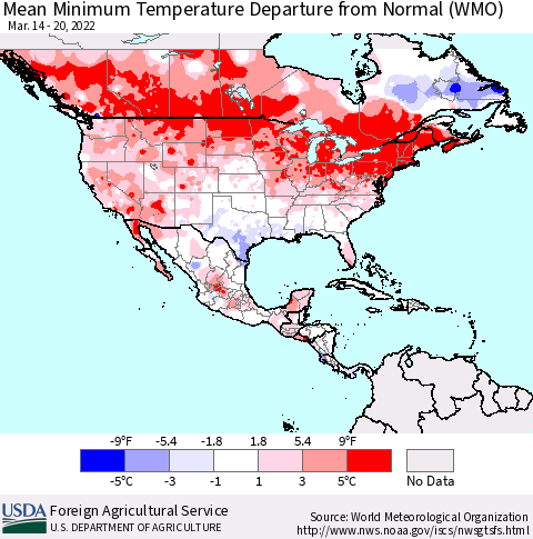 North America Mean Minimum Temperature Departure from Normal (WMO) Thematic Map For 3/14/2022 - 3/20/2022