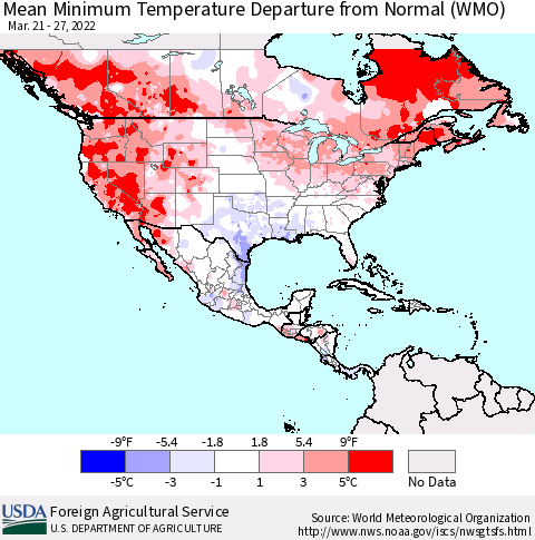 North America Mean Minimum Temperature Departure from Normal (WMO) Thematic Map For 3/21/2022 - 3/27/2022