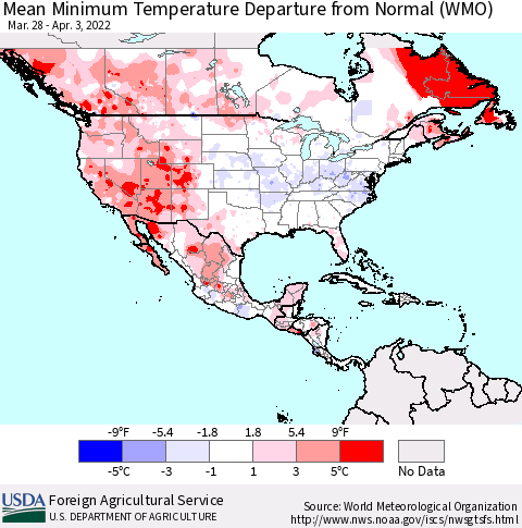 North America Mean Minimum Temperature Departure from Normal (WMO) Thematic Map For 3/28/2022 - 4/3/2022