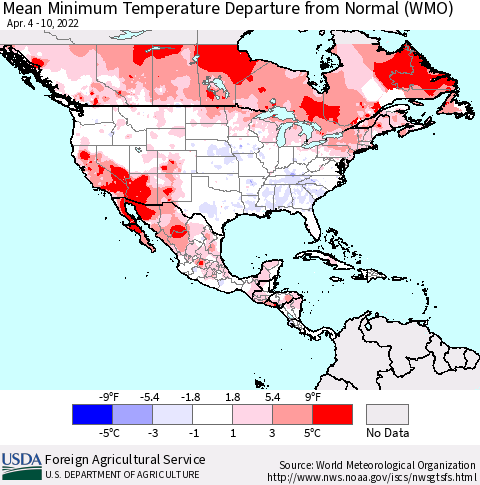 North America Mean Minimum Temperature Departure from Normal (WMO) Thematic Map For 4/4/2022 - 4/10/2022