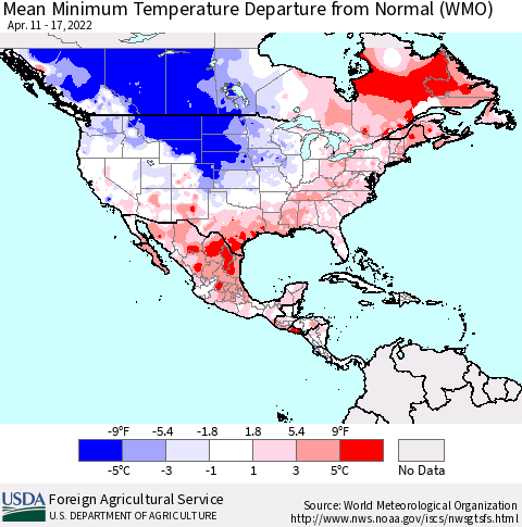 North America Mean Minimum Temperature Departure from Normal (WMO) Thematic Map For 4/11/2022 - 4/17/2022