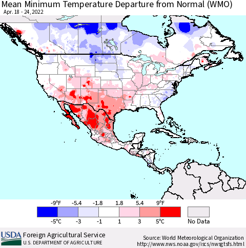 North America Mean Minimum Temperature Departure from Normal (WMO) Thematic Map For 4/18/2022 - 4/24/2022