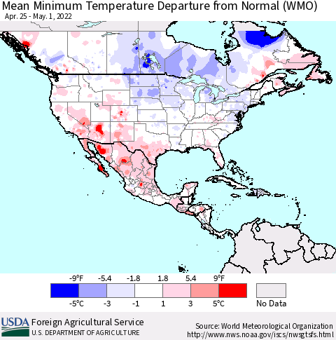 North America Mean Minimum Temperature Departure from Normal (WMO) Thematic Map For 4/25/2022 - 5/1/2022