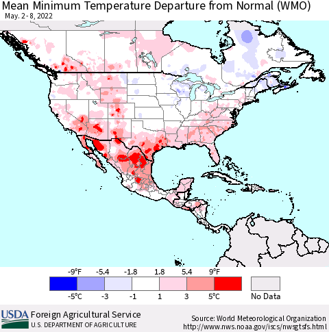 North America Mean Minimum Temperature Departure from Normal (WMO) Thematic Map For 5/2/2022 - 5/8/2022