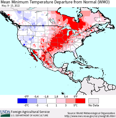 North America Mean Minimum Temperature Departure from Normal (WMO) Thematic Map For 5/9/2022 - 5/15/2022