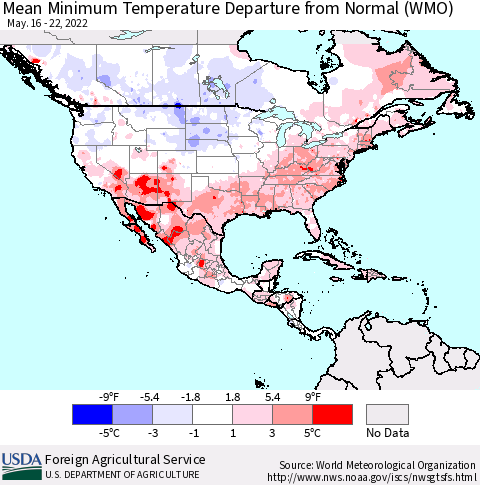 North America Mean Minimum Temperature Departure from Normal (WMO) Thematic Map For 5/16/2022 - 5/22/2022