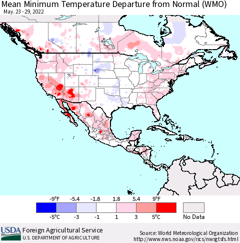 North America Mean Minimum Temperature Departure from Normal (WMO) Thematic Map For 5/23/2022 - 5/29/2022