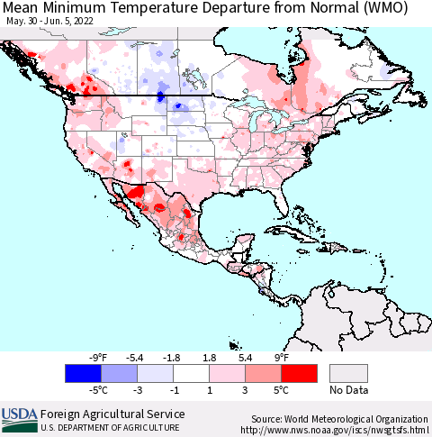 North America Mean Minimum Temperature Departure from Normal (WMO) Thematic Map For 5/30/2022 - 6/5/2022