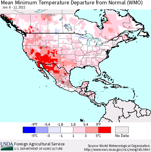 North America Mean Minimum Temperature Departure from Normal (WMO) Thematic Map For 6/6/2022 - 6/12/2022