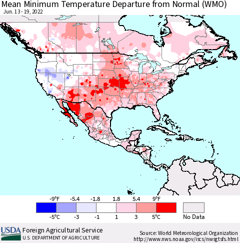North America Mean Minimum Temperature Departure from Normal (WMO) Thematic Map For 6/13/2022 - 6/19/2022