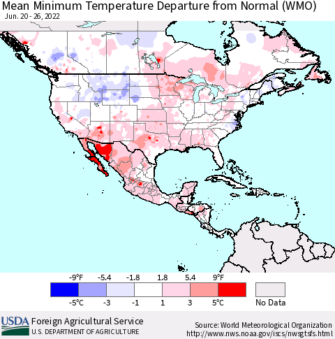 North America Mean Minimum Temperature Departure from Normal (WMO) Thematic Map For 6/20/2022 - 6/26/2022