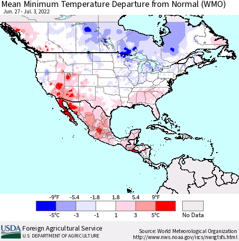North America Mean Minimum Temperature Departure from Normal (WMO) Thematic Map For 6/27/2022 - 7/3/2022