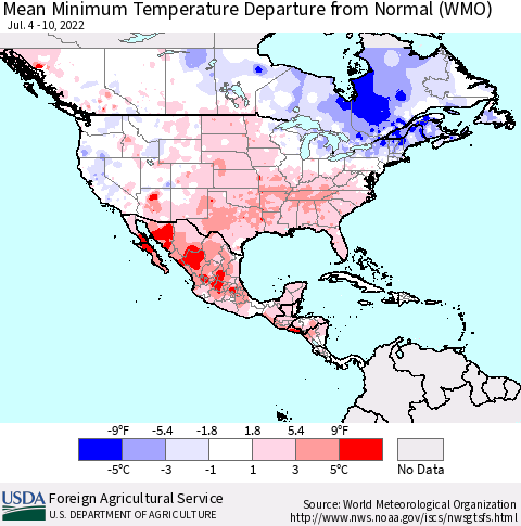 North America Mean Minimum Temperature Departure from Normal (WMO) Thematic Map For 7/4/2022 - 7/10/2022