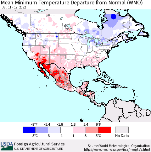 North America Mean Minimum Temperature Departure from Normal (WMO) Thematic Map For 7/11/2022 - 7/17/2022