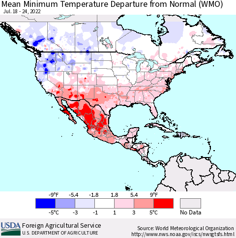 North America Mean Minimum Temperature Departure from Normal (WMO) Thematic Map For 7/18/2022 - 7/24/2022