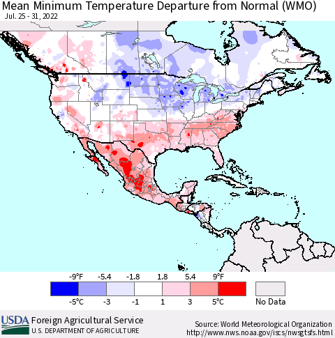 North America Mean Minimum Temperature Departure from Normal (WMO) Thematic Map For 7/25/2022 - 7/31/2022