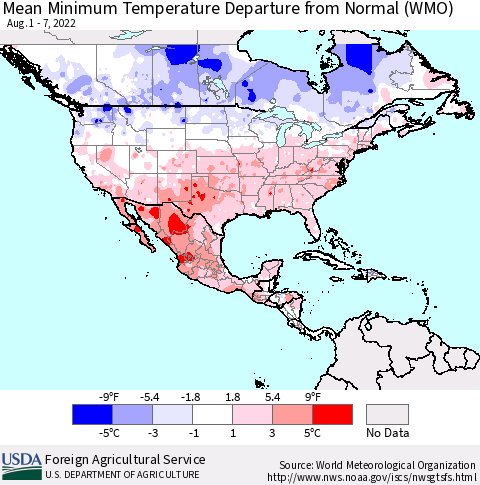 North America Mean Minimum Temperature Departure from Normal (WMO) Thematic Map For 8/1/2022 - 8/7/2022