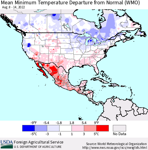 North America Mean Minimum Temperature Departure from Normal (WMO) Thematic Map For 8/8/2022 - 8/14/2022