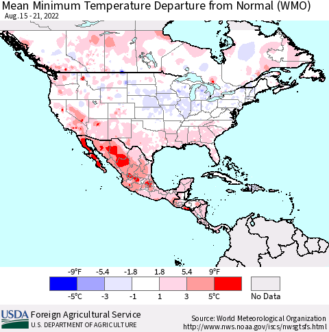 North America Mean Minimum Temperature Departure from Normal (WMO) Thematic Map For 8/15/2022 - 8/21/2022