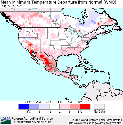 North America Mean Minimum Temperature Departure from Normal (WMO) Thematic Map For 8/22/2022 - 8/28/2022