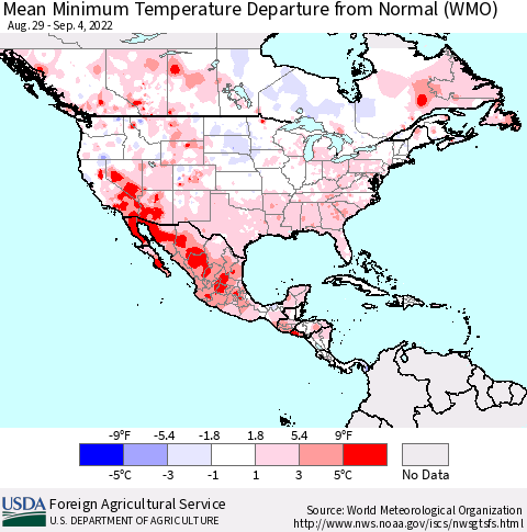 North America Mean Minimum Temperature Departure from Normal (WMO) Thematic Map For 8/29/2022 - 9/4/2022