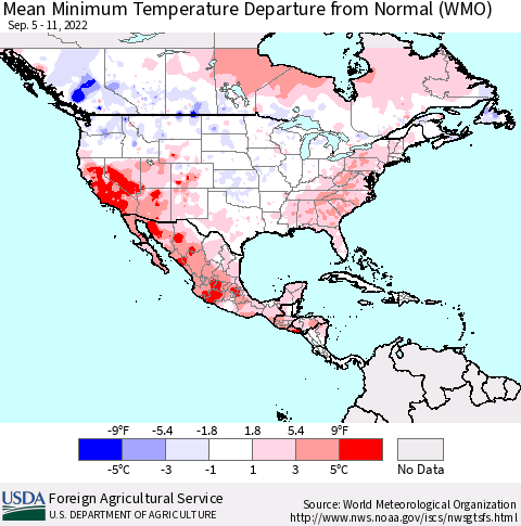 North America Mean Minimum Temperature Departure from Normal (WMO) Thematic Map For 9/5/2022 - 9/11/2022