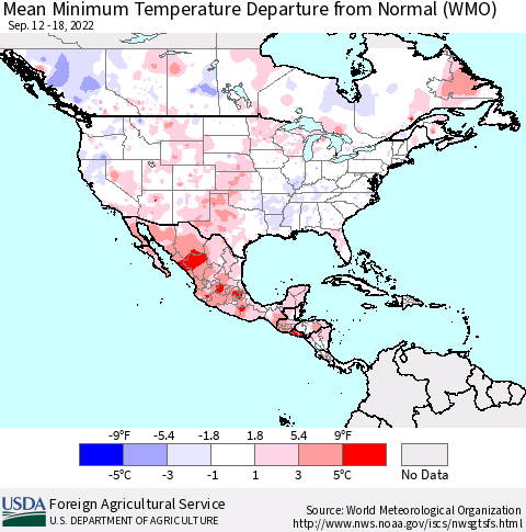 North America Mean Minimum Temperature Departure from Normal (WMO) Thematic Map For 9/12/2022 - 9/18/2022