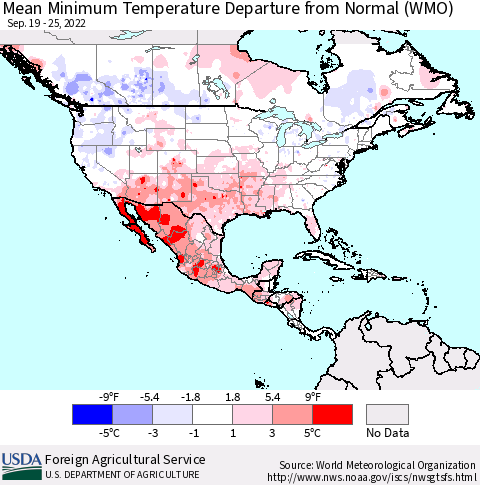 North America Mean Minimum Temperature Departure from Normal (WMO) Thematic Map For 9/19/2022 - 9/25/2022