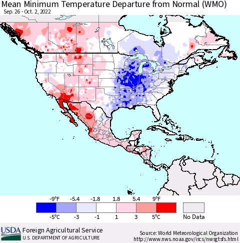 North America Mean Minimum Temperature Departure from Normal (WMO) Thematic Map For 9/26/2022 - 10/2/2022