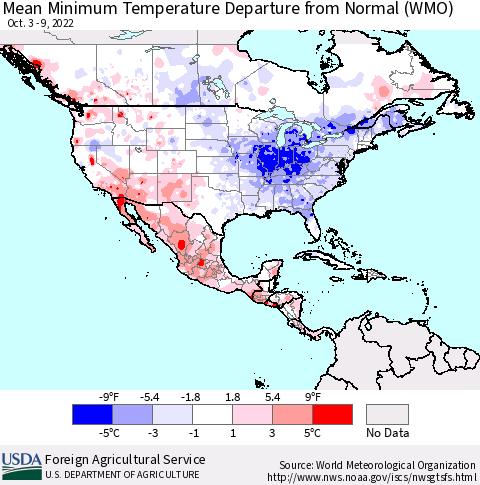 North America Mean Minimum Temperature Departure from Normal (WMO) Thematic Map For 10/3/2022 - 10/9/2022