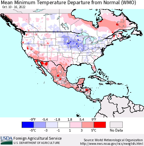 North America Mean Minimum Temperature Departure from Normal (WMO) Thematic Map For 10/10/2022 - 10/16/2022