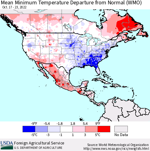 North America Mean Minimum Temperature Departure from Normal (WMO) Thematic Map For 10/17/2022 - 10/23/2022
