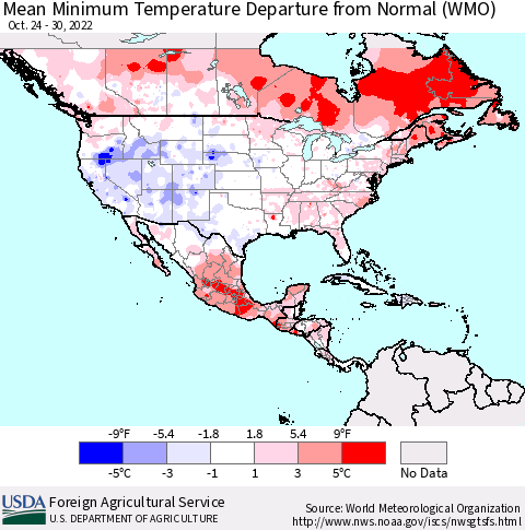 North America Mean Minimum Temperature Departure from Normal (WMO) Thematic Map For 10/24/2022 - 10/30/2022