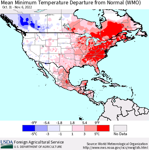 North America Mean Minimum Temperature Departure from Normal (WMO) Thematic Map For 10/31/2022 - 11/6/2022